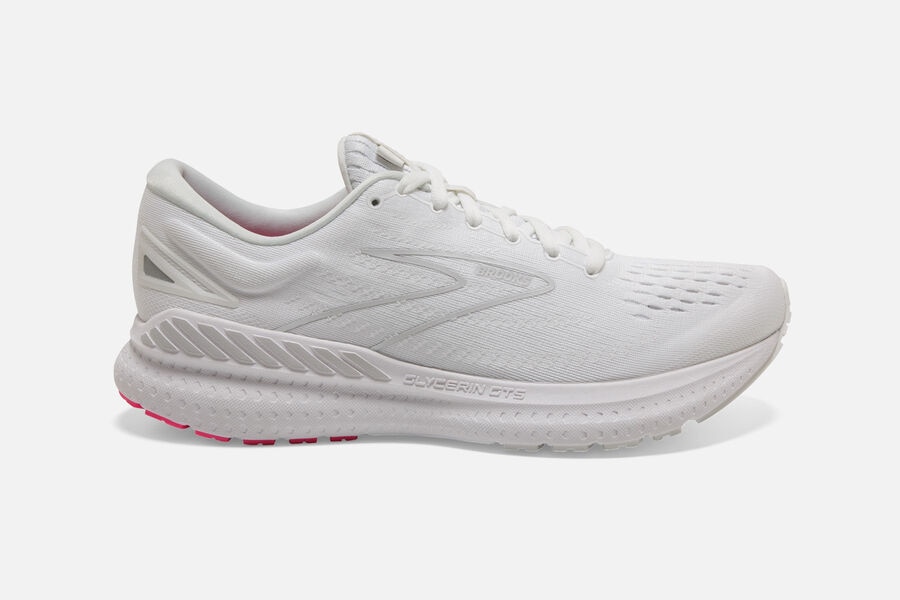 Womens Brooks Glycerin GTS 19 Road Shoes White-Pink/Luna Rock | 957348-BVF